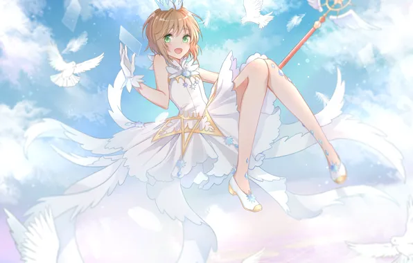Birds, feathers, girl, Card Captor Sakura, Sakura - collector cards