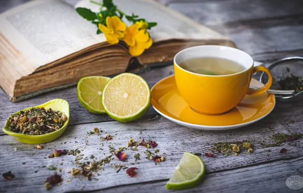 Tea, Cup, book, lime