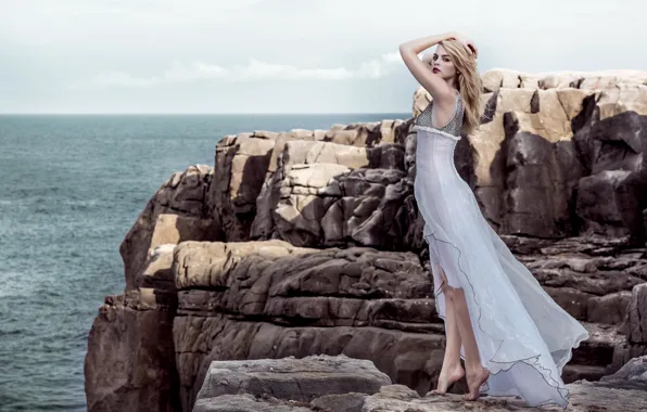 Picture sea, look, girl, nature, mood, rocks, figure, dress