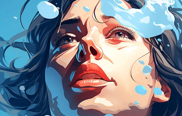 Water, Girl, Face, Eyes, Bubbles, Digital art, AI art, The Art of Artificial Intelligence