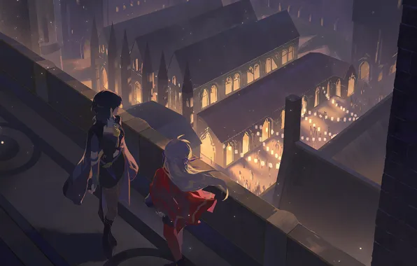 Roof, the city, girls, the evening, Fire Emblem, Edelgard Von Hresvelg, Вyleth