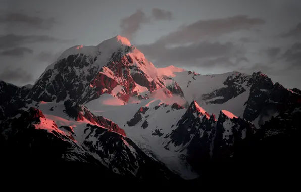 Picture the sky, clouds, snow, sunset, mountains, nature, rocks, the evening