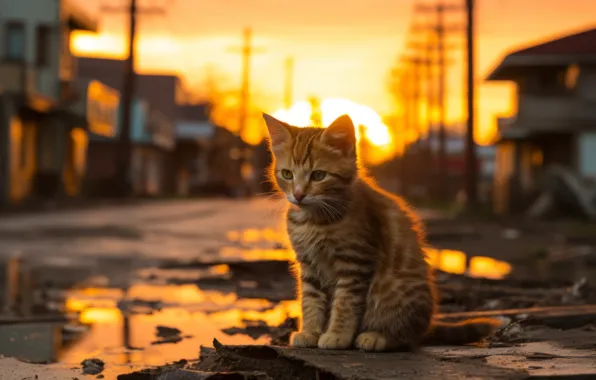 Road, cat, the sky, look, asphalt, light, sunset, the city