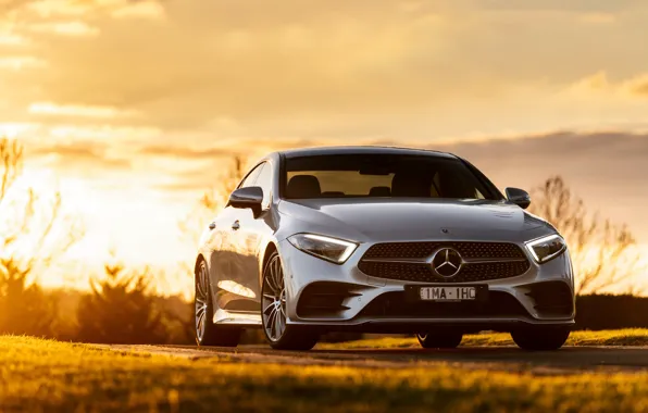 Sunset, Mercedes-Benz, CLS, sedan, front view, 2018, 450, 4MATIC