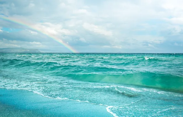 Picture sea, beach, the sky, clouds, the ocean, bird, rainbow