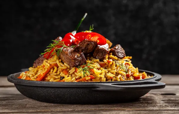 Picture meat, figure, tomatoes, rosemary, pilaf