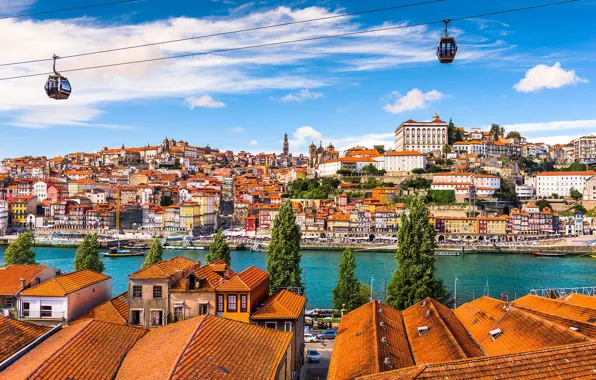 River, home, panorama, Portugal, cable car, Porto