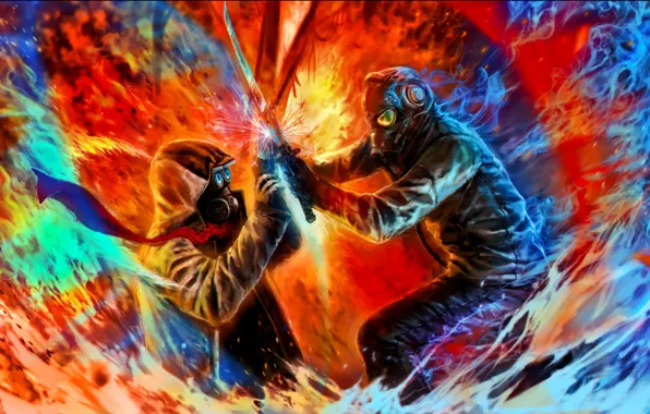 People, battle, attack, mask, romantically apocalyptic, just the two of us
