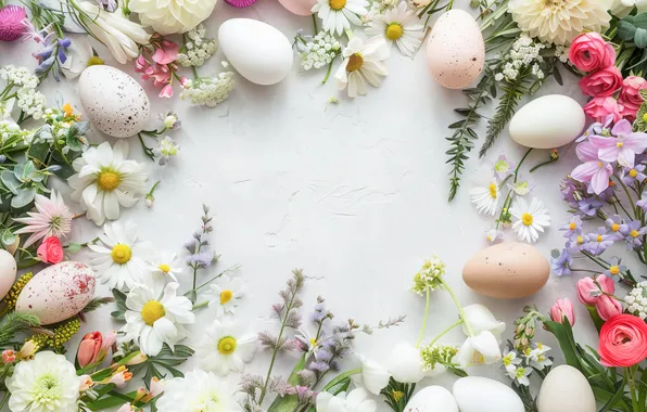 Flowers, eggs, spring, colorful, Easter, flowers, spring, Easter