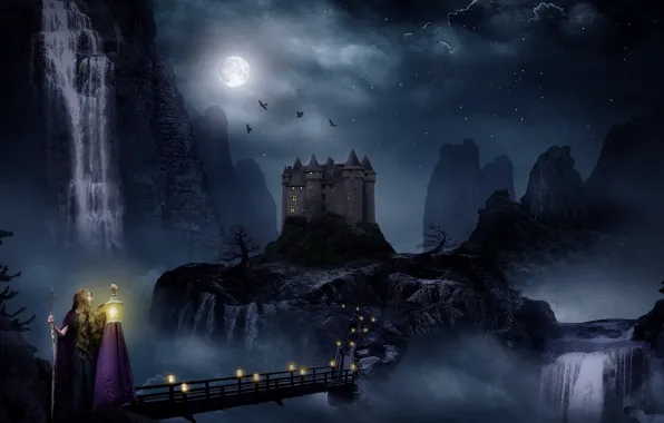 Night, bridge, castle, waterfall, Witch, crows, abyss, the full moon