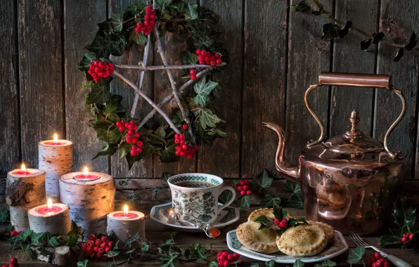 Berries, tea, star, candles, kettle, cookies, mug, still life