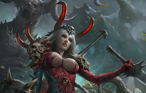 Chest, look, girl, sword, the demon, horns, skull