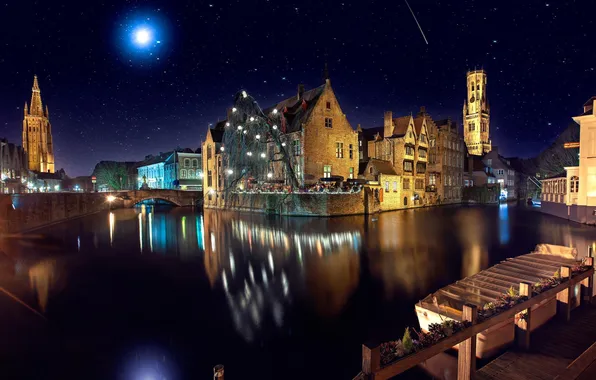 Picture night, bridge, river, castle, the moon, the building, lighting