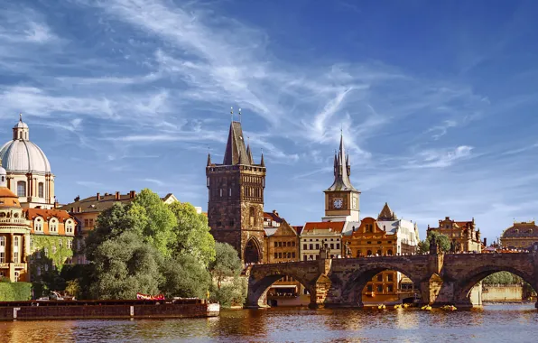 Picture bridge, the city, river, building, home, Prague, Czech Republic, tower