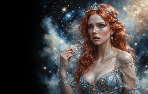 Girl, clouds, stars, crown