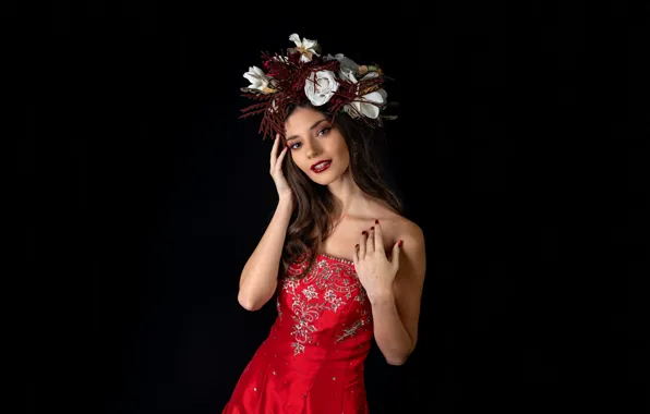 Picture look, girl, flowers, pose, portrait, dress, brown hair, beautiful