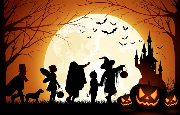 Halloween, Moon, Pumpkin, Castle, Men And Dog, Bats, Trees