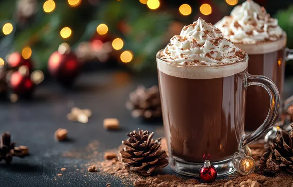 Coffee, Christmas, New year, glasses, needles, bumps, cream, bokeh