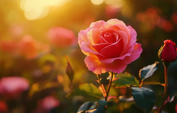 Flower, summer, leaves, the sun, light, pink, rose, garden