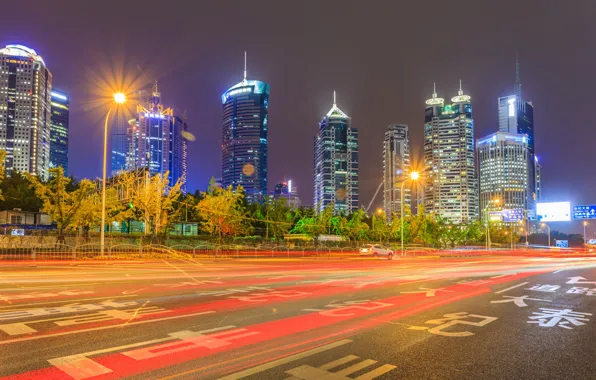 Lights, Night, Skyscrapers, China, Shanghai, Night landscape