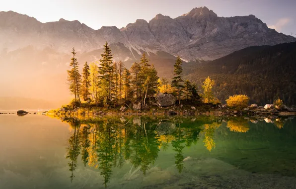Autumn, forest, light, trees, fog, lake, reflection, stones