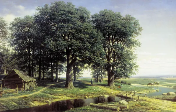 Picture trees, landscape, house, river, picture, Oak Grove, Mikhail Klodt