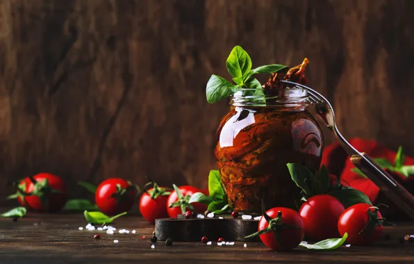 Glass, Board, Bank, pepper, plug, tomatoes, spices, Basil