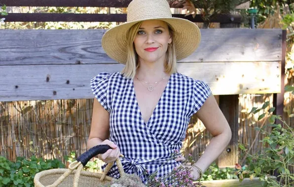 Flowers, actress, blonde, hat, beautiful, Reese Witherspoon, Reese Witherspoon