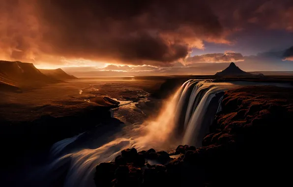 Landscape, sunset, mountains, nature, rendering, waterfall, art, digital painting