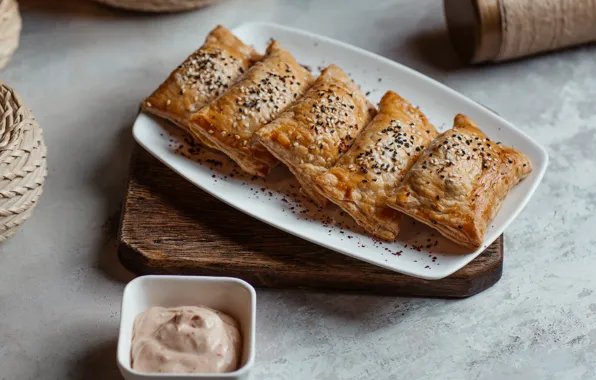 Plate, sauce, cakes, sesame, the dough, puff, puff