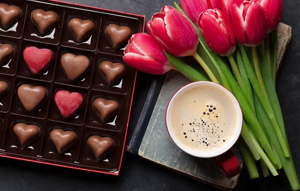 Picture flowers, chocolate, bouquet, tulips, red, red, wood, flowers