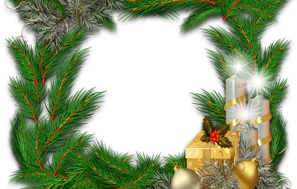Balls, branches, gift, new year, candles, needles
