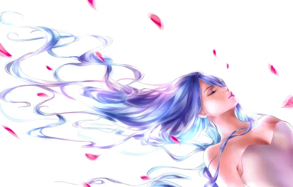 Girl, hair, anime, art, rose petals