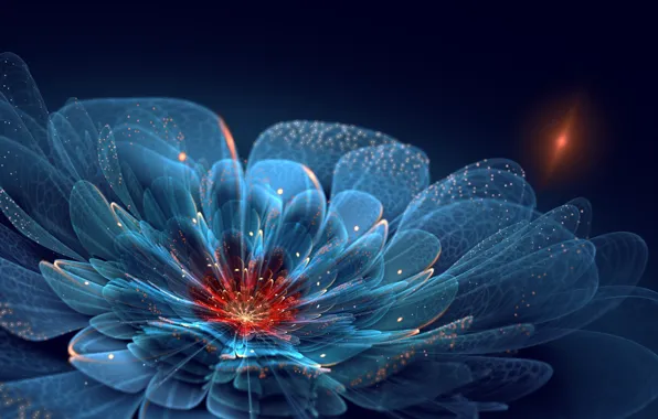 Flower, blue, neon, petals, art, sparks