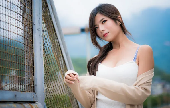 Look, the fence, brown hair, Asian, brown eyes, asian, cute girl, bare shoulders