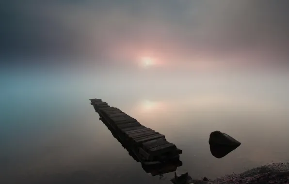 Bridge, fog, shore