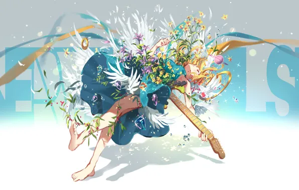 Girl, flowers, guitar, wings, fantasy, halo