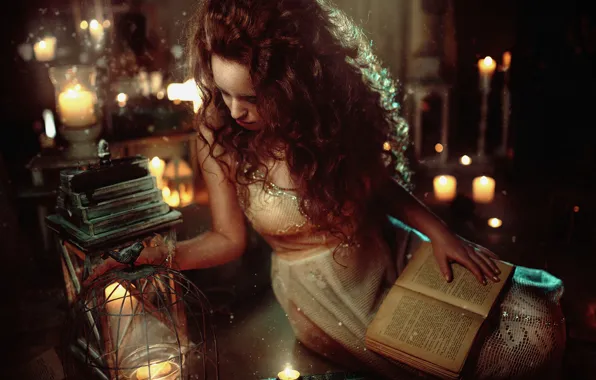 Girl, lights, mood, hair, tale, candles, lantern, book