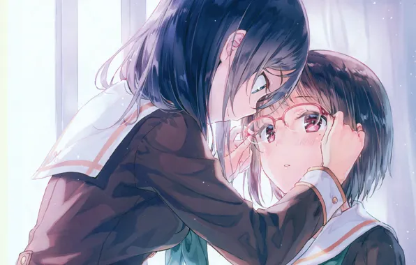 Glasses, Schoolgirls, window, sailor, two girls, Hibike! Euphonium, Tanaka Asuka, Kaori Nakaseco