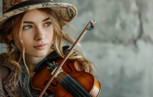 Girl, music, violin, portrait, hat, musical instrument, violinist, AI art