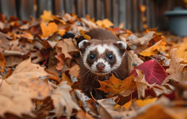Autumn, foliage, walk, face, ferret, the pile of leaves, ferret, autumn leaves
