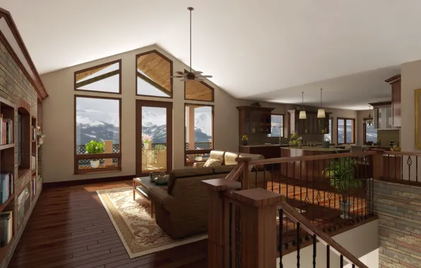 Picture design, style, Villa, interior, kitchen, ladder, terrace, living room