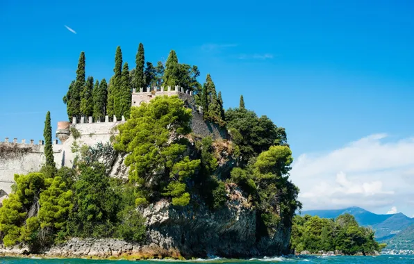 Picture trees, lake, wall, island, Italy, Garda, The island of Garda