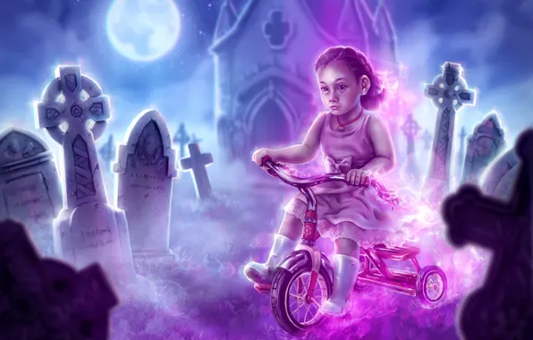 Picture bike, Ghost, girl, cemetery, the crypt