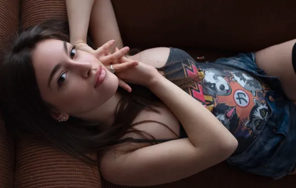 Model, women, brunette, couch, jean shorts, looking at viewer, short shorts, lying on back