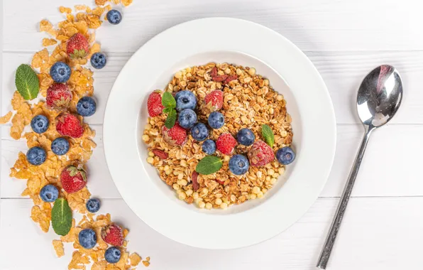 Berries, blueberries, strawberry, plate, muesli