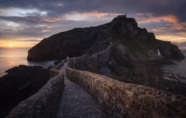 Sunset, mountains, bridge, castle, rocks, shore, twilight, pond