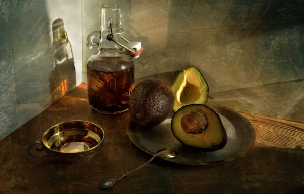 Bottle, Cup, still life, avocado