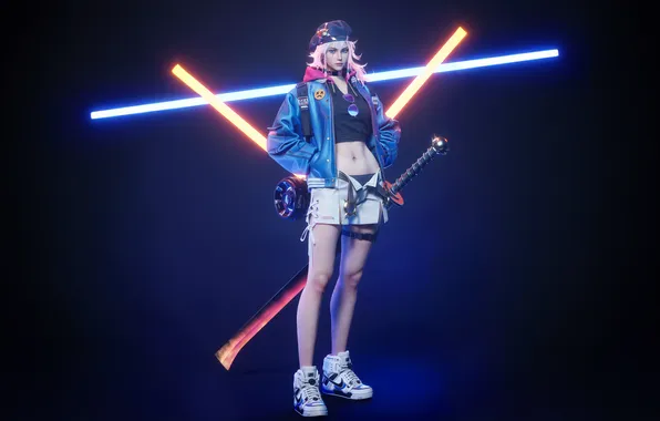 Picture neon, cyberpunk, hair, warrior, colored