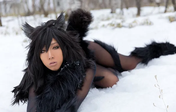Winter, forest, girl, snow, boots, costume, tail, outfit